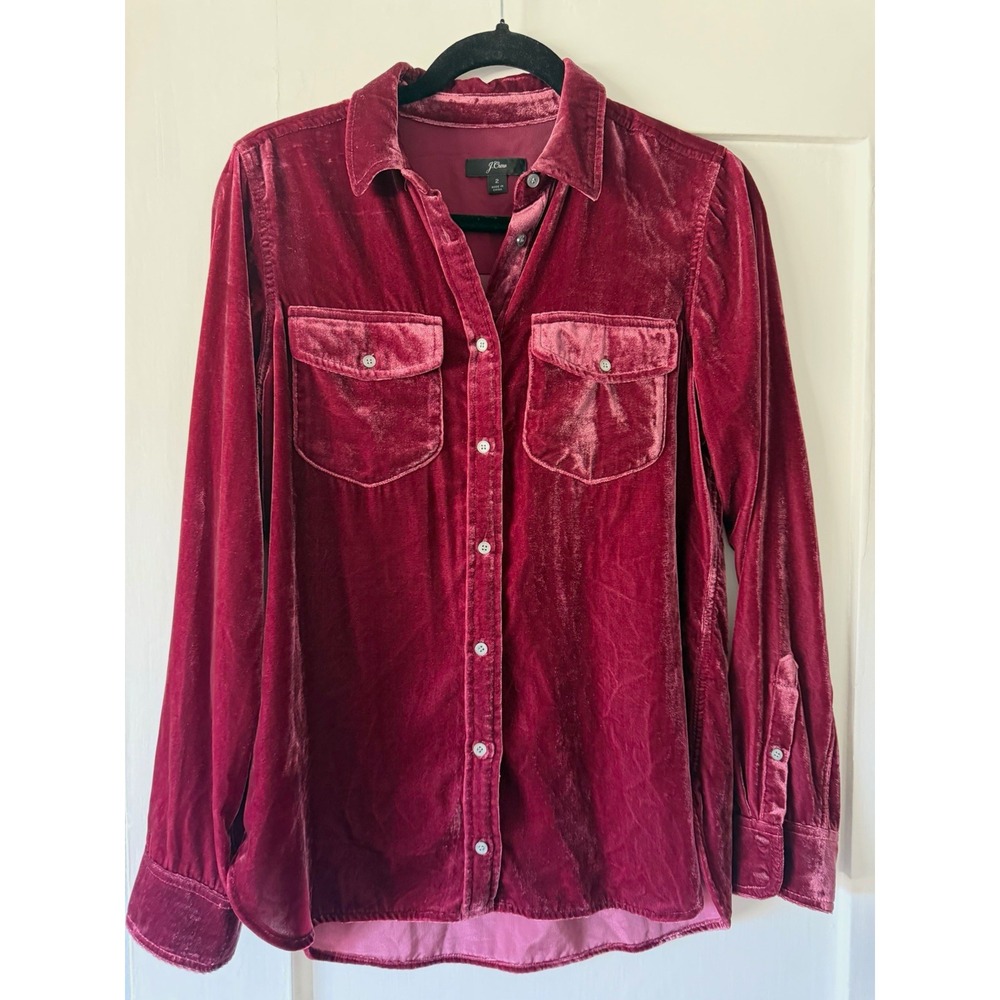 J.CREW Burgundy Velvet Button Down Utility Shirt Pocket Blouse Wine Plum Size 2